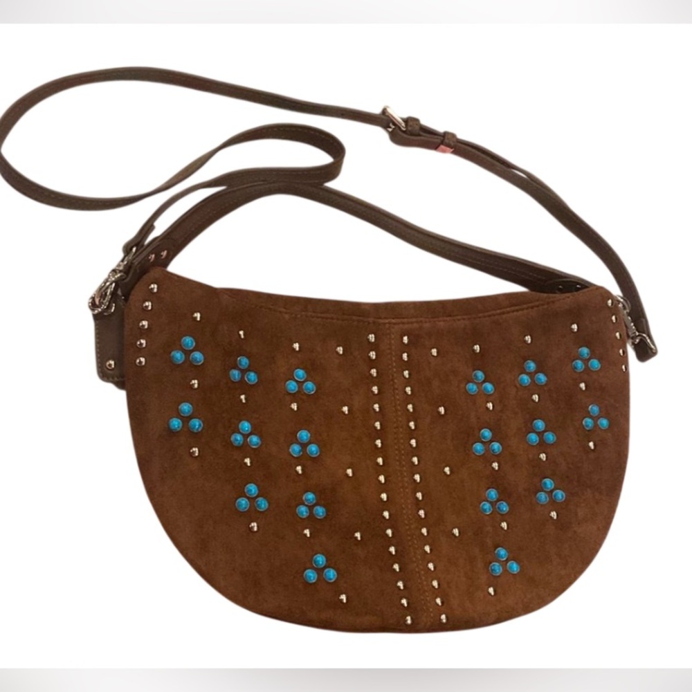 Brown Studded Boho Faux Suede Shoulder Bag Adjustable Crossbody